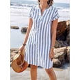 thumbnail image 4 of Women'S Casual Short Sleeve Striped Shirt Dress Notched V-Neck Midi Long Beach Dress Light Blue S, 4 of 8