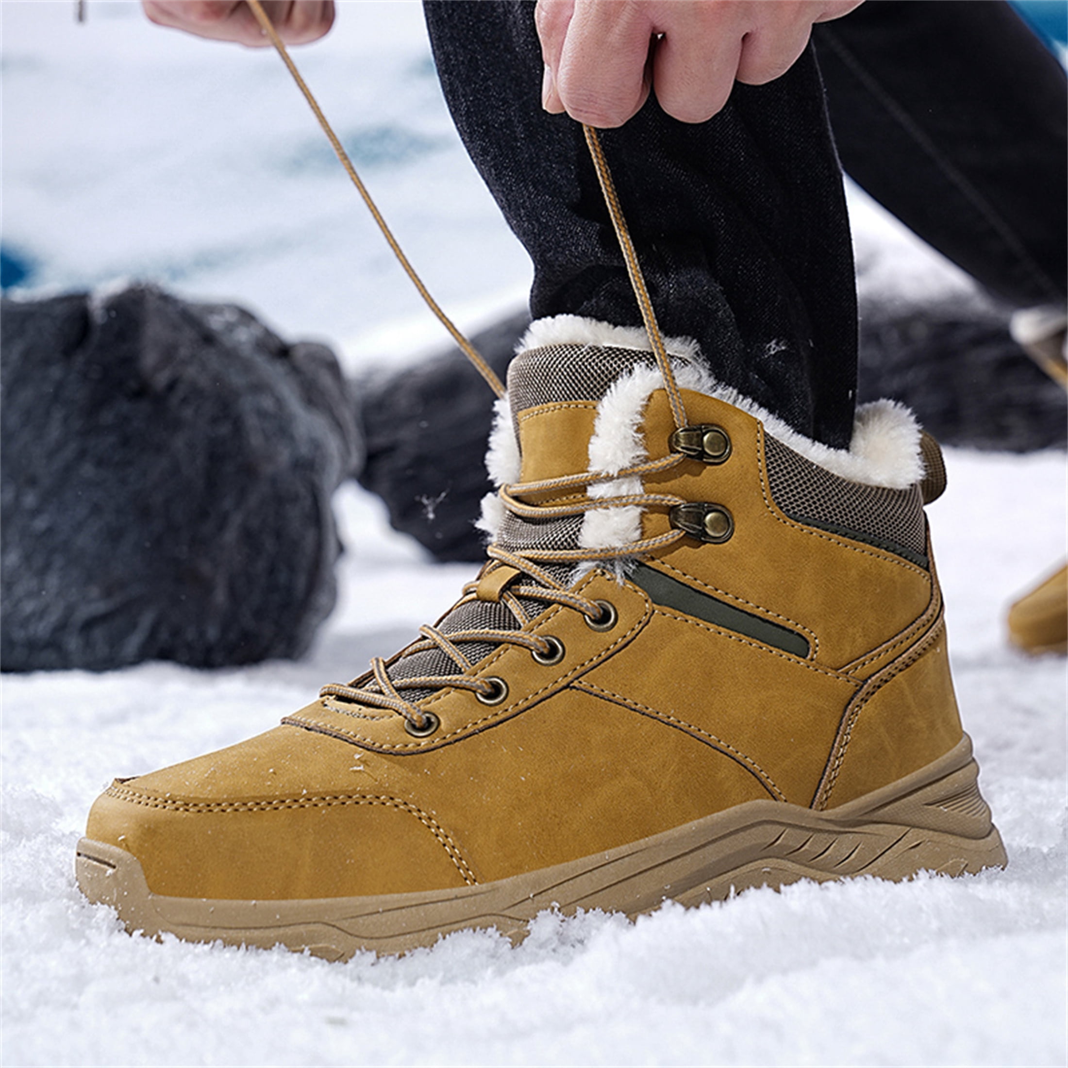 YOURDIARY Men's Ankle High Waterproof Hiking Boots Outdoor Snow Boots Trekking Trails Shoes Faux Fur Lining