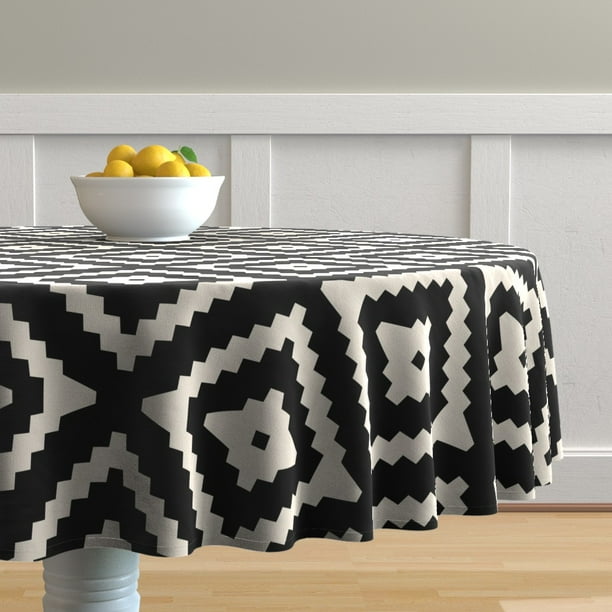 Round Tablecloth Boho Aztec Geometric Tribal Bohemian Black Tan Cotton Sateen Com Round Tablecloth Boho Aztec Geometric, Tan Round Tablecloth