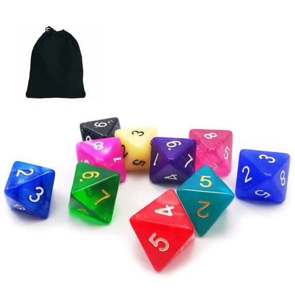 Bescon 10pcs Set of 8 Sided Dice (Numbered 1-8) 10 Count Assorted Random Multi Effected&Colored Pack of D8 in Drawstring Pouch