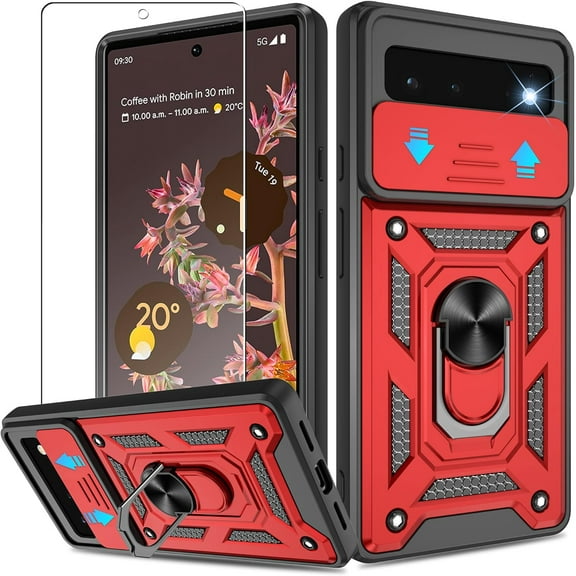 for Google Pixel 6 Case with HD Screen Protector, Heavy Duty Shockproof with 360° Rotation Metal Kickstand [Military Grade] Protective Case for Google Pixel 6, Red