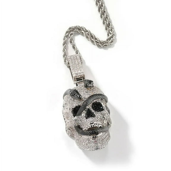 14K Gold Finish Simulated Diamond Hip Hop Bling Iced Out Ghost Skull Face Snake Charm Pendant Necklace, Free Rope Chain, Christmas Gift