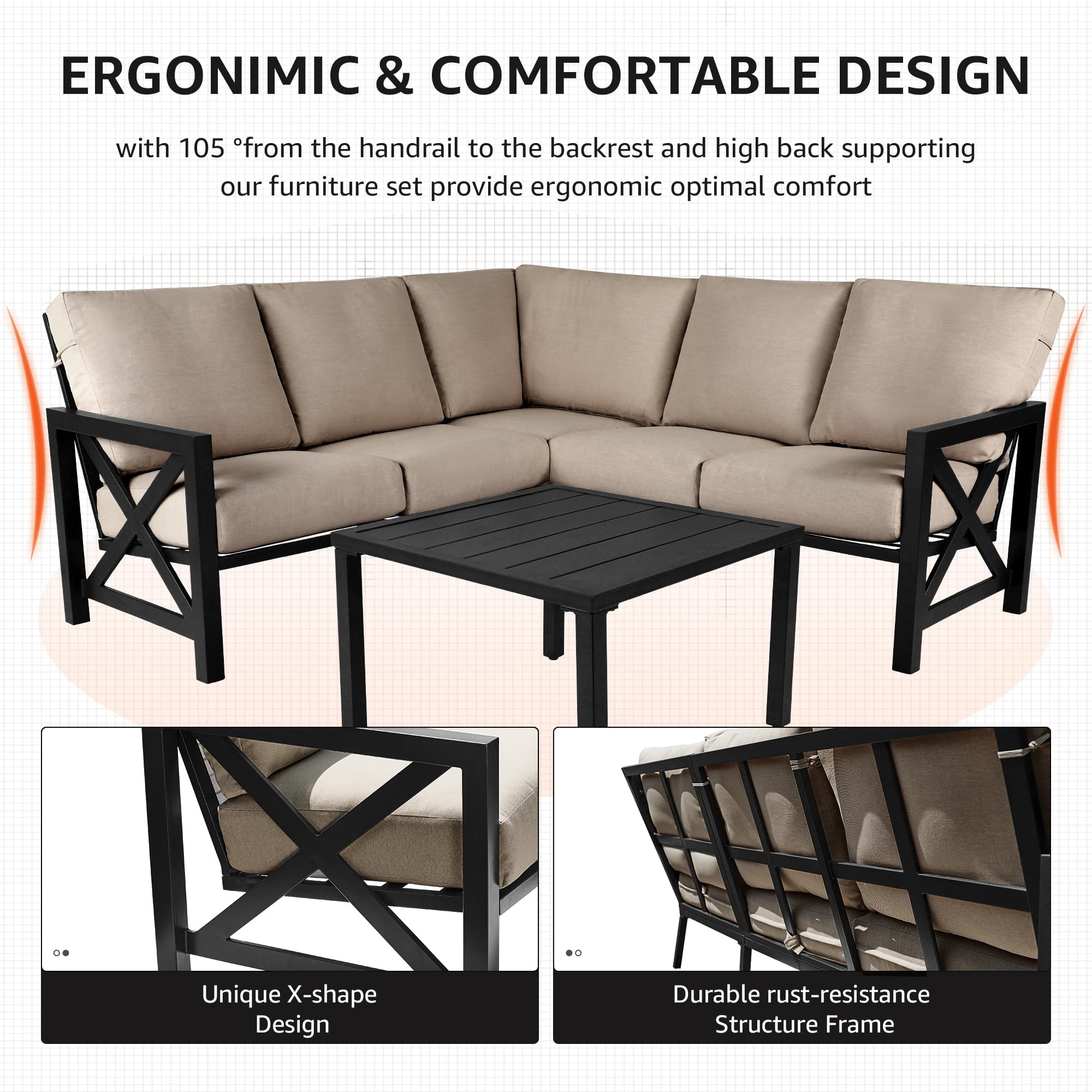 NATURAL EXPRESSIONS 6 Pieces Patio Furniture Sets, Metal Patio L Shape Sectional Couch Sofa Conversation Sets with 6.5" Shale Cushions,HighBack Hand-Brush Black Frame