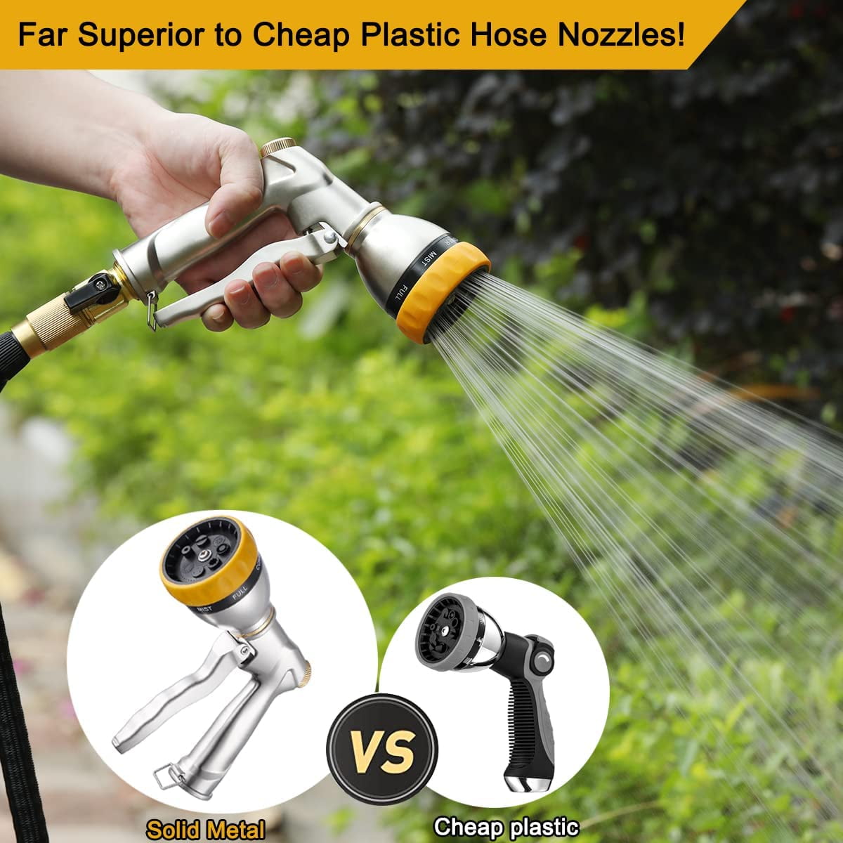 FANHAO Garden Hose Nozzle Sprayer, Heavy Duty Metal Watering Hose Nozzle with 7 Spray Patterns