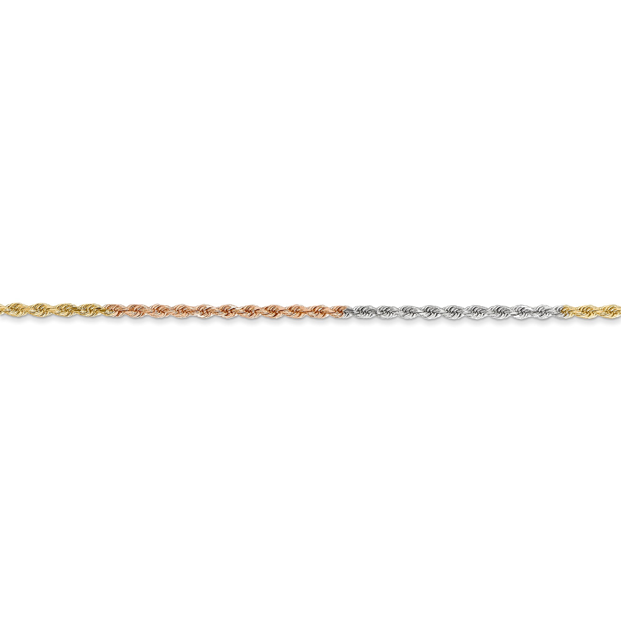14k Tri-Color 1.5mm Diamond-cut Rope Chain Anklet in 14k Yellow, White, and Rose Gold Tri-Color