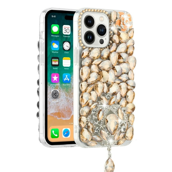 For Apple iPhone 15 Plus (6.7") Bling Crystal 3D Full Diamonds Jewelry Sparkle Rhinestone Glitter Hybrid Protective Cover ,Xpm Phone Case [ Gold ]