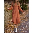 thumbnail image 7 of Womens Long Sleeve Dress Crew Neck High Waist Smocked Flowy Casual Midi Dresses for Women 2023, 7 of 7