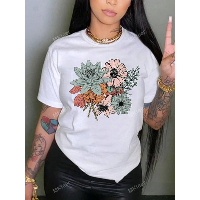 Camiseta con estampado floral para mujer, camisetas informales