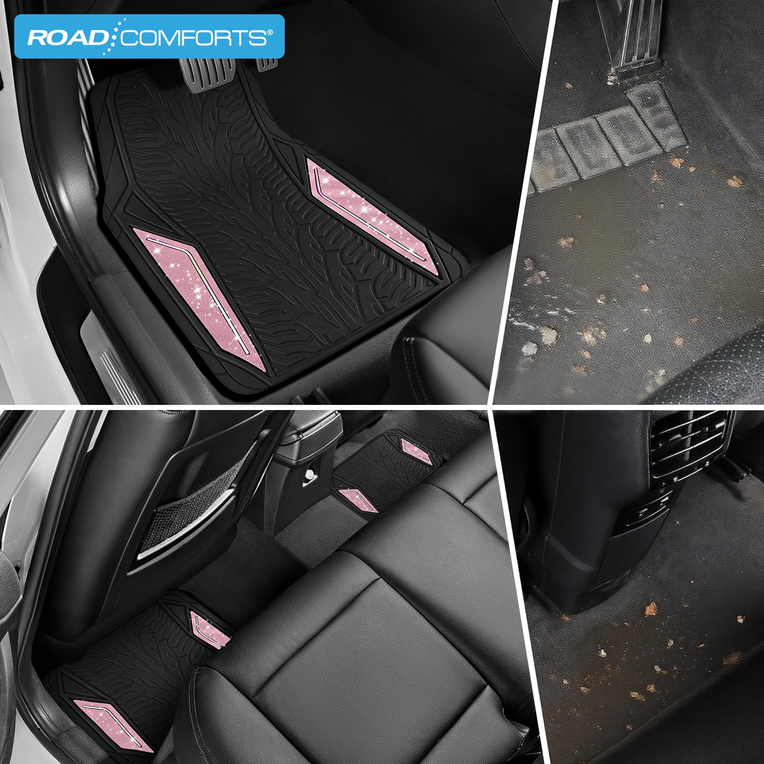 Road Comforts Glitter Car Floor Mats, Glitter Rubber Floor Mats Full Set,Shiny Sparkle Design, Universal Fit, Easy to Clean, Anti-Slip Protection Pink