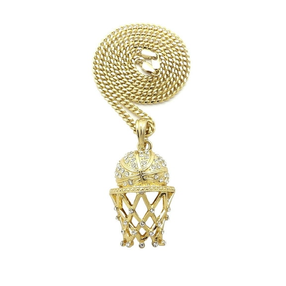 Stone Stud Basketball Goal Net Pendant with 3mm Cuban Chain Necklace, Gold-Tone/20"