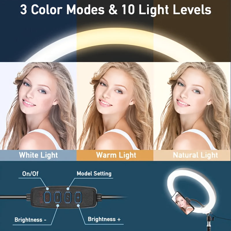 10/18Inch Desk Stand Ring Light, LED Mobile Phone Fill Light, 3 Color Temperatures Adjustable, Suitable for Live Streaming, Streaming Shooting