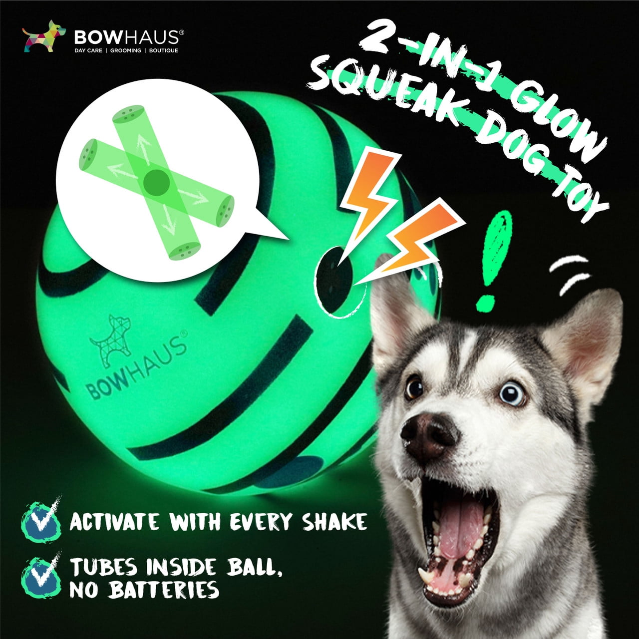 BOWHAUS Giggle Glow in The Dark Ball for Dogs, 5.5 Inch Interactive Dog Exercise Toys, Indestructible Fun Squeaky Chew Toy, Non-Toxic Durable PVC Chew Ball for Indoor Outdoor Play