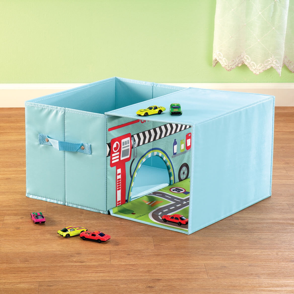 Foldover Toy Box with Play Mat, Blue Garage