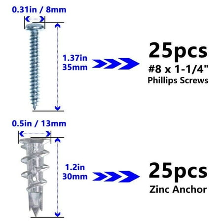 

Zinc Self-Drilling Drywall/Hollow-Wall Anchor Kit with Screws 100 Pieces (25 Anchors+25 Screws) Includes #8 Anchors with Screws (Metal)