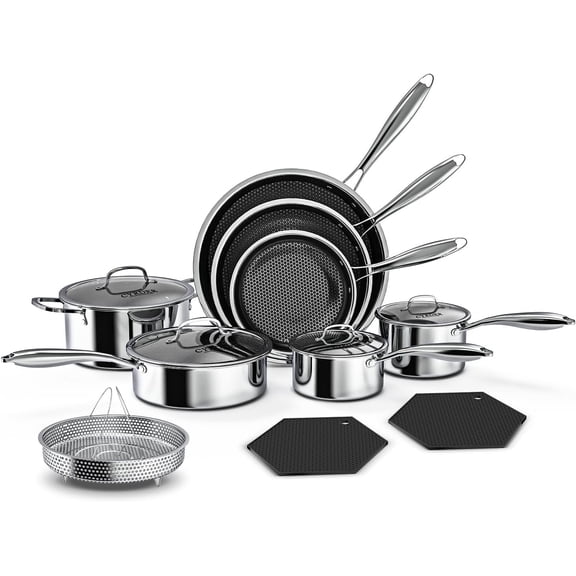 Nonstick Pots and Pans Set, 14 Piece Hybrid Hex Non Stick Stainless Steel Cookware with Frying Pans, Saute Pan, Saucepans & Stock Pot - Induction Compatible, Dishwasher &Oven Safe