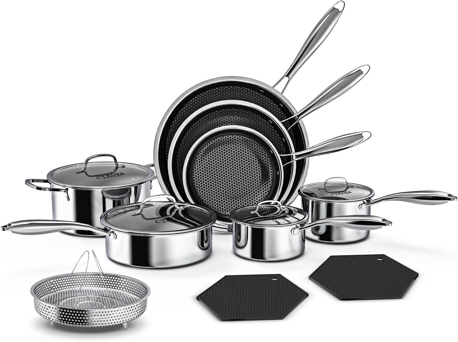 Nonstick Pots and Pans Set, 14 Piece Hybrid Hex Non Stick Stainless Steel Cookware with Frying Pans, Saute Pan, Saucepans & Stock Pot - Induction Compatible, Dishwasher &Oven Safe