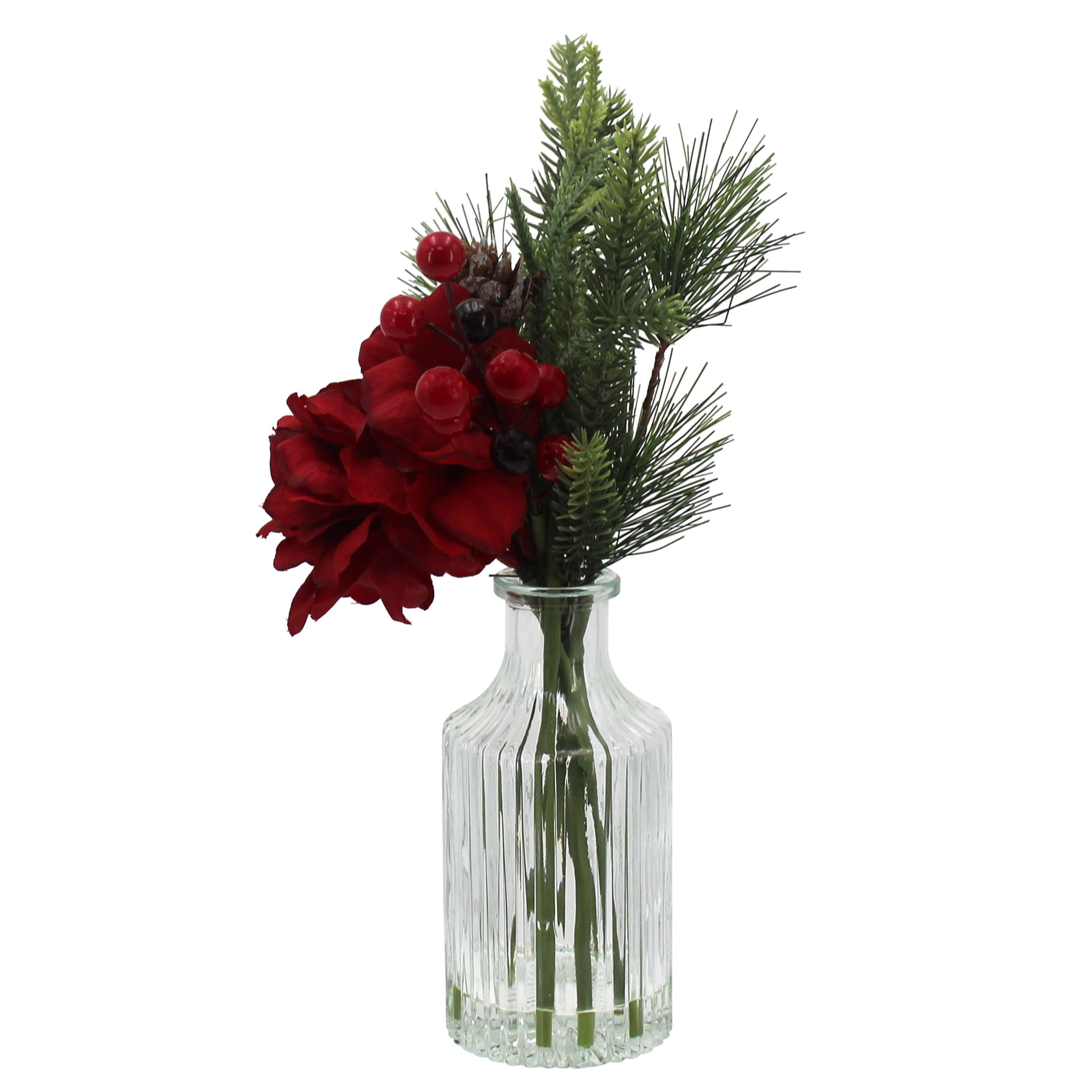 Mainstays 11.5" Decorative Tabletop Artificial Christmas Red Floral Hydrangea in Clear Ribbed Glass Vase