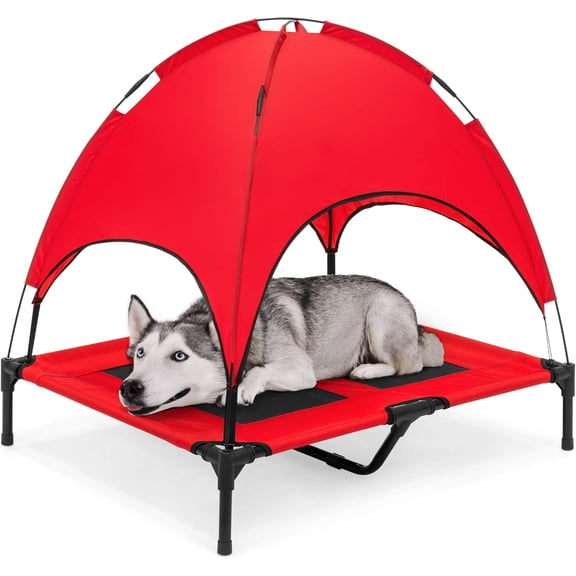 YYEAN 36in Elevated Cooling Dog Bed, Outdoor Raised Mesh Pet Cot w/Removable Canopy Shade Tent, Carrying Bag, Breathable Fabric-Red