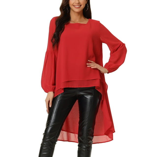 Blusas asimétricas de chiffon de manga larga con cuello redondo para mujer, estilo casual y elegante, color rojo