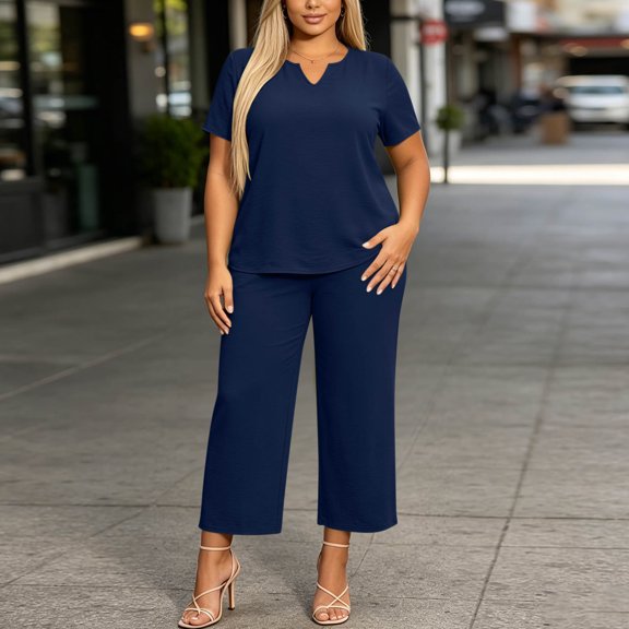 Cagogo Women Plus Size 2 Piece Set V Neck Short Sleeve Tshirt Wide Leg Pants Casual Loose Solid Basic Outfit Summer Travel Clothes, Navy 3XL