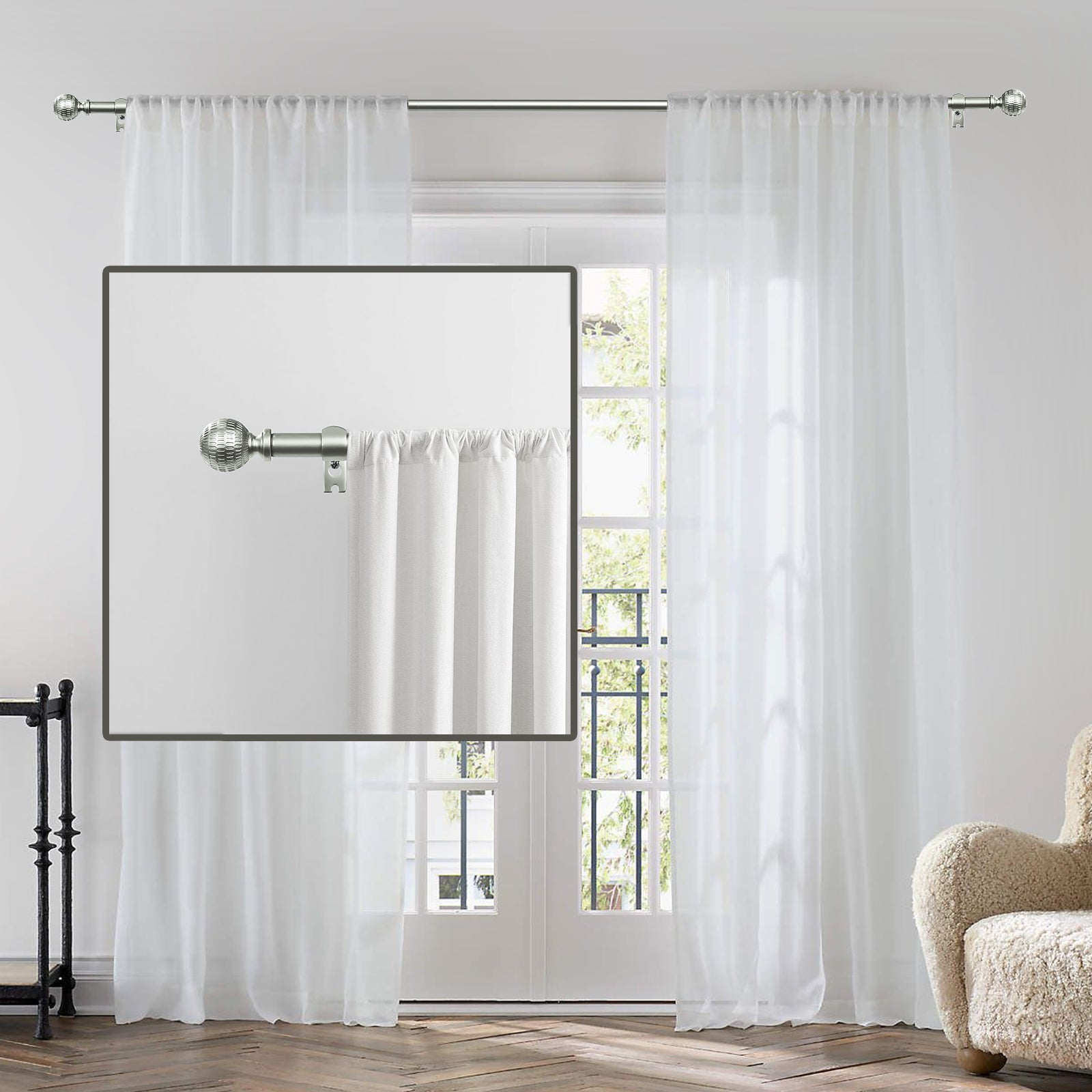 Ridicili 5/8" Single Telescoping Curtain Rod with Reticulated Ball Finials,Pewter, 84"-120"