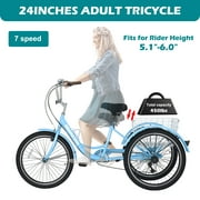 Lilypelle Adult Tricycles Unisex,24" Wheels 7 Speed Cruiser Trike Bike with Basket,Sky Blue