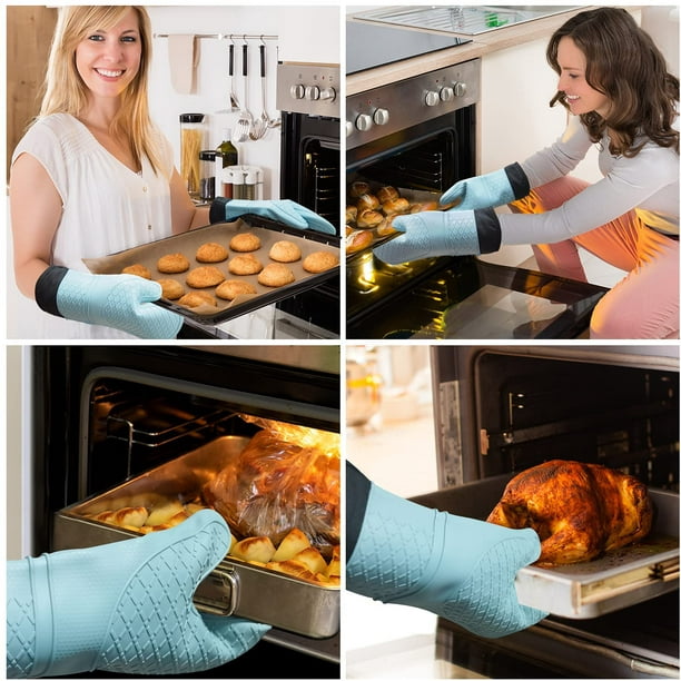 Silicone Oven Mitts Heat Resistant Kitchen Cooking Mitts Food Safe Oven  Gloves Flexible Cotton Double Gloves Waterproof and Non-Slip Heat  Insulation 