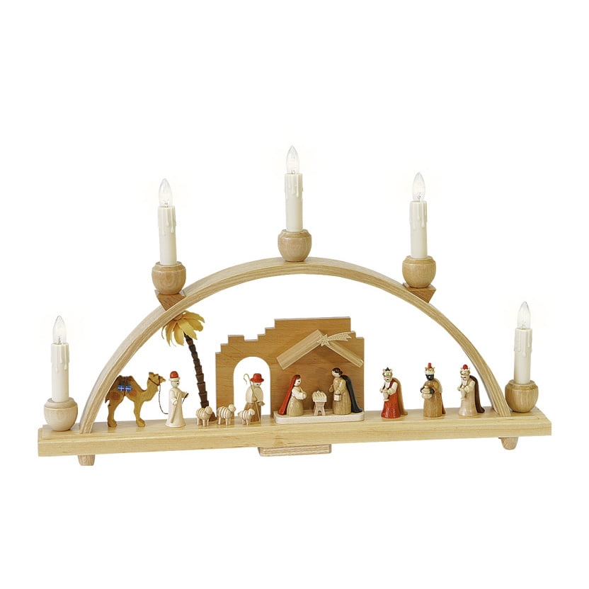 German candle arch Nativity scene, length 48 cm / 19 inch, natural