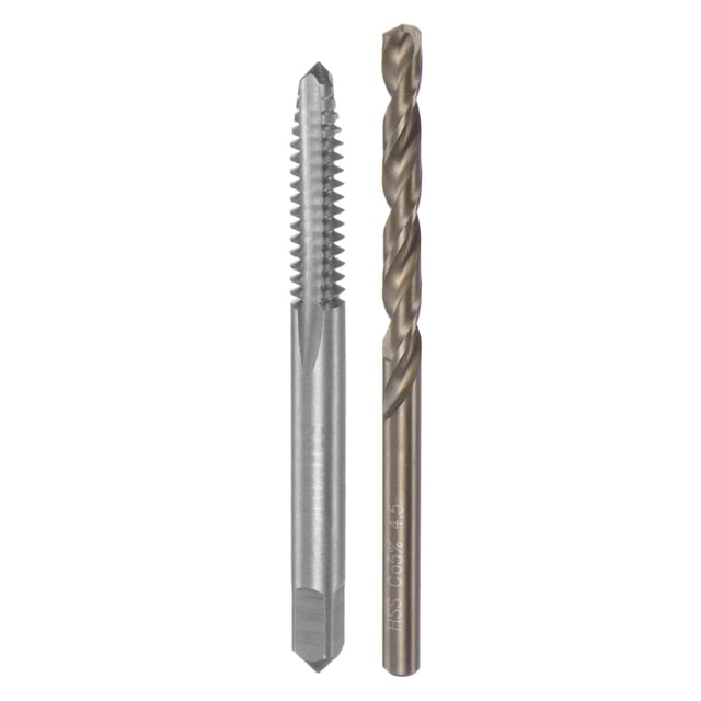 Uxcell M6 x 1.5 H2 Straight Flute Thread Tap and 4.5mm Drill Bit Set made of high-speed steel. The set includes a straight flute thread tap with a thread size of M6 x 1.5, a square end of 4.8mm, and a total length of 70mm. The drill bit has a cutting diameter of 4.5mm, a shank diameter of 4.5mm, and a total length of 80mm. Designed for tapping aluminum, die steel, stainless steel, bronze, and hard plastics, this set is suitable for use with drilling machines, tapping machines, CNC, and milling machines. The straight flute design ensures fast and accurate tapping with downward chip removal. Ideal for creating smooth, precise threads.