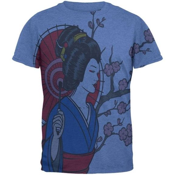 Geisha Blossom All Over Heather Blue Adult T-Shirt - 2X-Large