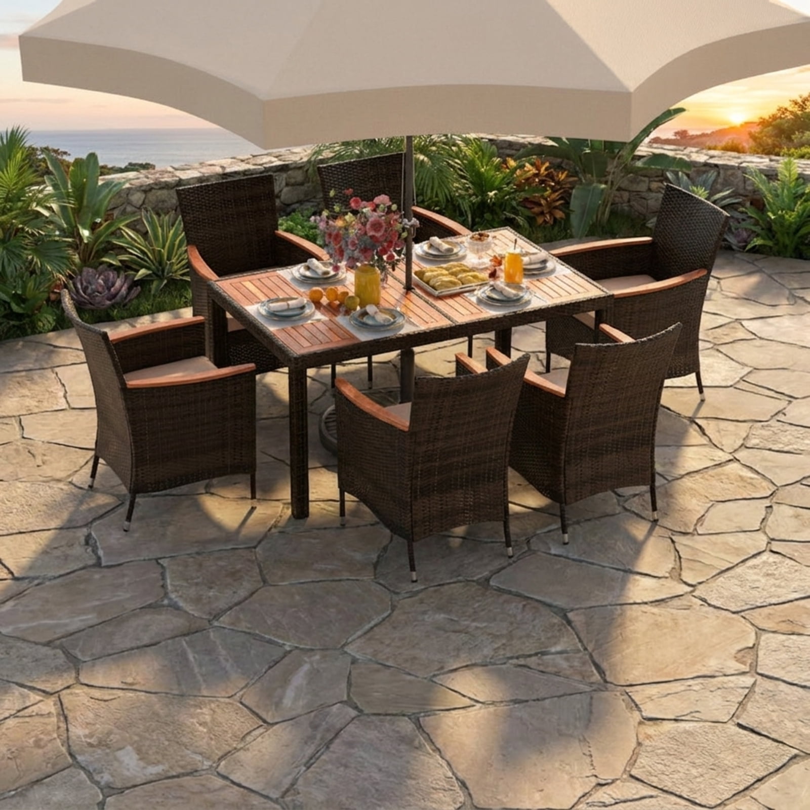 Biotree 7 Piece Patio Rattan Dining Set with Acacia Wood Table and Cushioned Chairs for Outdoor Backyard Garden and Porch Gatherings, Brown