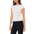 thumbnail image 4 of Blusas Houndstooth Inspire Chic para mujeres, elegante cuello redondo, top de manga corta elástico para trabajo en oficina, color caqui claro M, 4 of 6