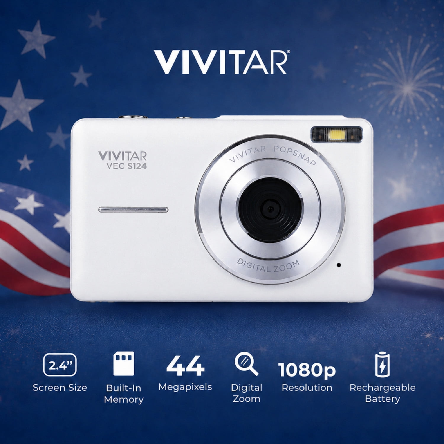Vivitar PopCam America 250 Digital Camera – USA Celebration Edition, White, 48MP Camera with Full HD 1080P Video, 3" Flip Screen, 16X Zoom Compact Vlogging Camera with Built-in Mic