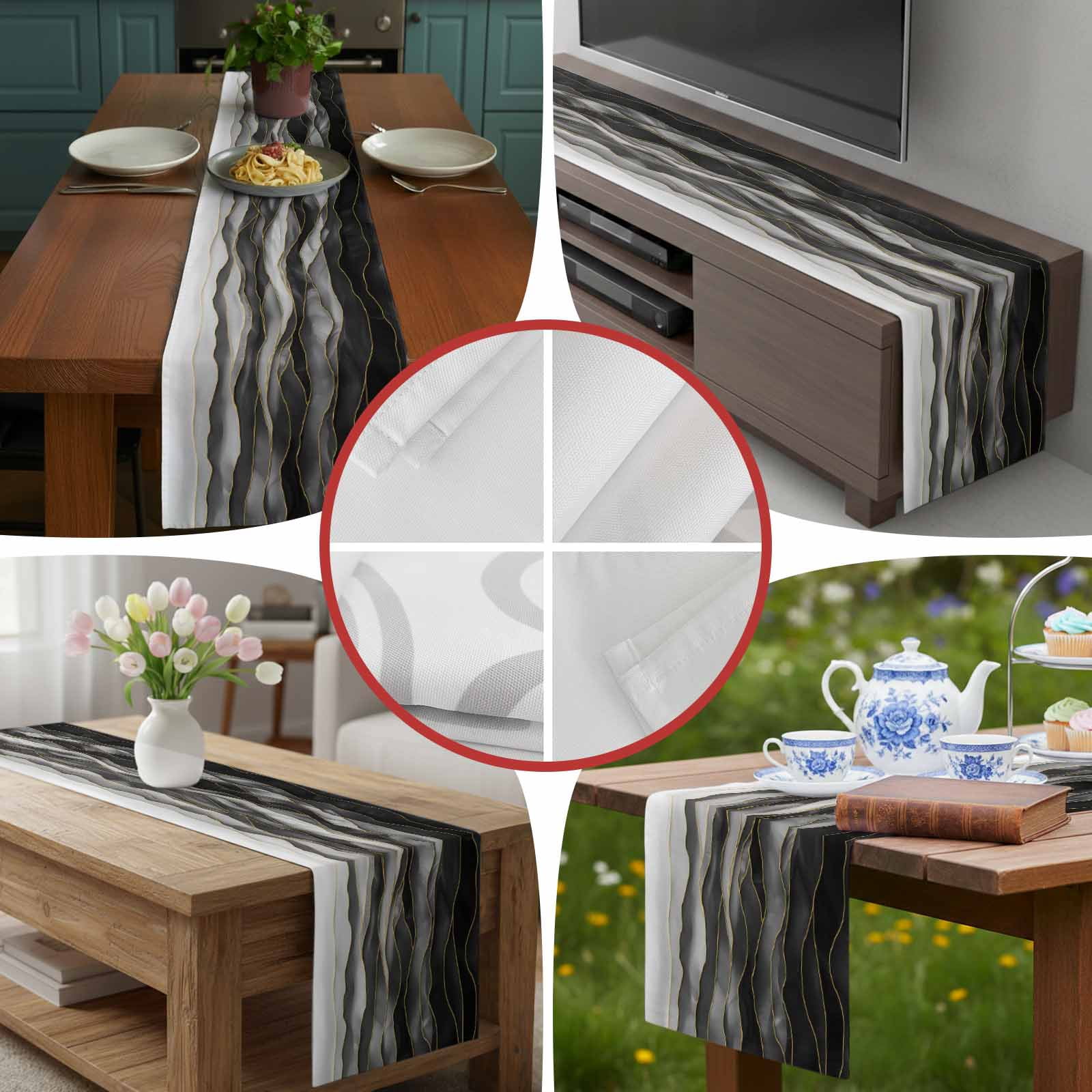 Black Grey Color Gradient Art Table Runner 90 Inches Long, Abstract Ombre with Gold Line Table Runners Tabletop Scarf Kitchen Dining Tables Decoration for Home Party Indoor Outdoor