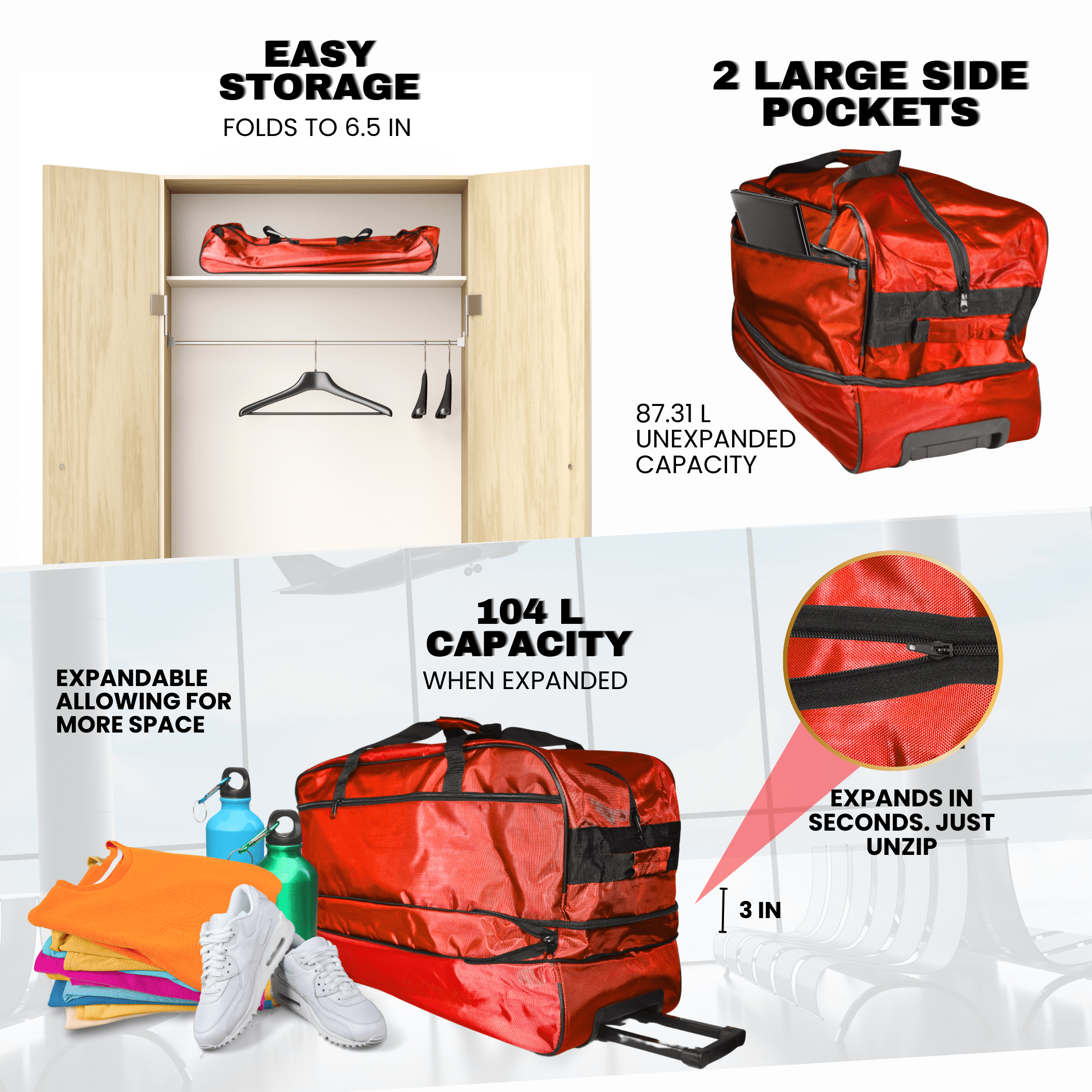 Ironbar Duffle Bag Large 140 L Wheeled Collapsible Travel Overnighter for All Ages, Red