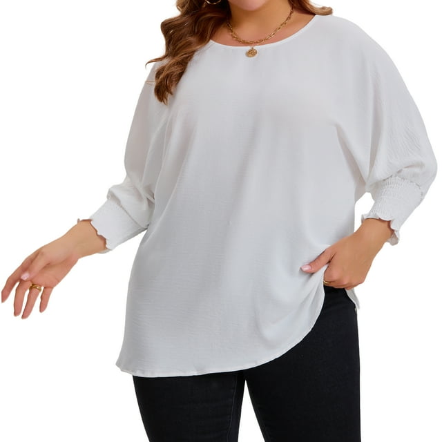 Blusas de chiffon de talla grande para mujer Agnes Orinda, con mangas largas de murciélago y volantes, camisetas casuales sueltas 1X blancas