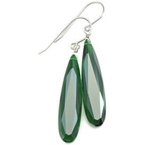 Sterling Silver Green Simulated Emerald Earrings Long Narrow Faceted Teardrops Simple Drops 2 Inch Designed for Adult Women