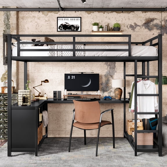 Twin XL Loft Bed with Wardrobe & Desk, Metal Loft Bed Frame with L-Shaped Desk, Storage Shelves & Open Closet, Space Saving Bed for Dorm, Small Bedroom, Black