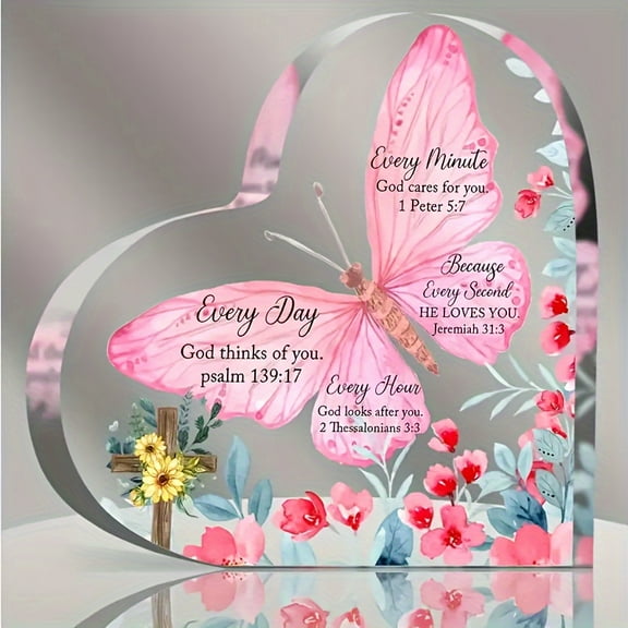 Acrylic Butterfly with 5 Inspirational Bible Verses (Psalms 23:1-2 Peter 5:7 Jeremiah 31:3 Matthew 28:7) - Pink Floral Indoor Outdoor Religious Gifts for Women Men Birthday day gift Graduation