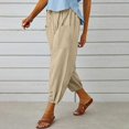 thumbnail image 4 of Women High Waist Linen Capri Pants Drawstring Elastic Waist Loose Cropped Trousers Side Pockets Button Cuff Casual Joggers, 4 of 5