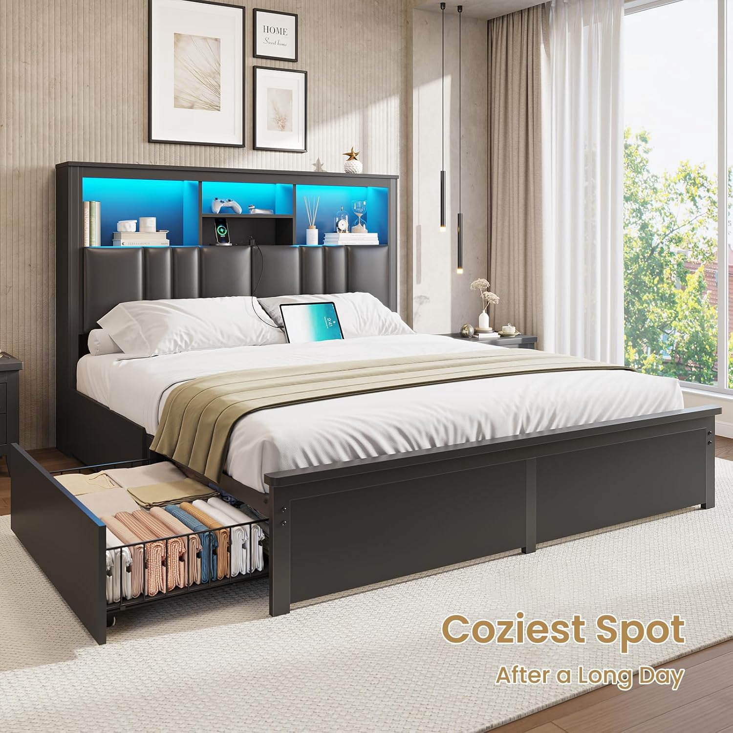 Mabor Queen Size Bed with 4 Drawers,Bed Frame with Upholstered Bookcase Headboard & Hidden Storage,Queen Size Bed Frame with LED Lights and Charging Station, Heavy-Duty Metal Platform Bed,Black