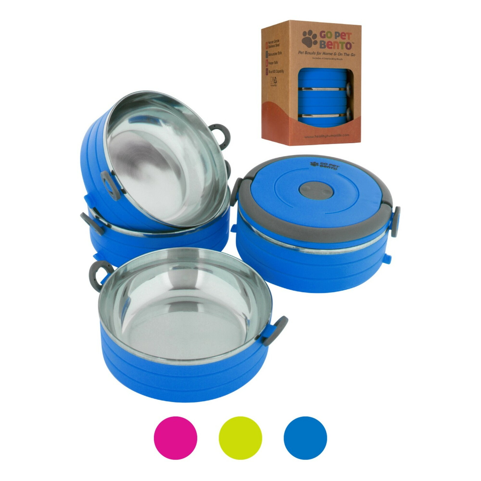 Healthy Human Travel Dog Bowls | Stainless Steel Go Pet Bento Bowl | Stackable Cat & Dog Food Bowls | Leak Proof | Set of 3 Interlocking Bowls, 2 Spare Clips, 1 Spare Handle (Blue)