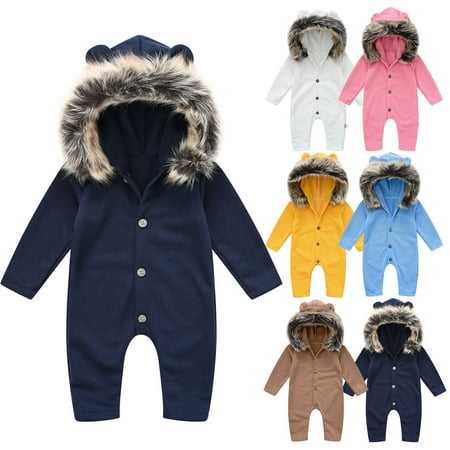 

PEZHADA Boys Girls Fall Winter Romper Jumpsuit Toddler Baby Solid Color Long-sleeved Hooded Plush Collar Jumpsuit For Men And Women Baby Outing Romper Navy