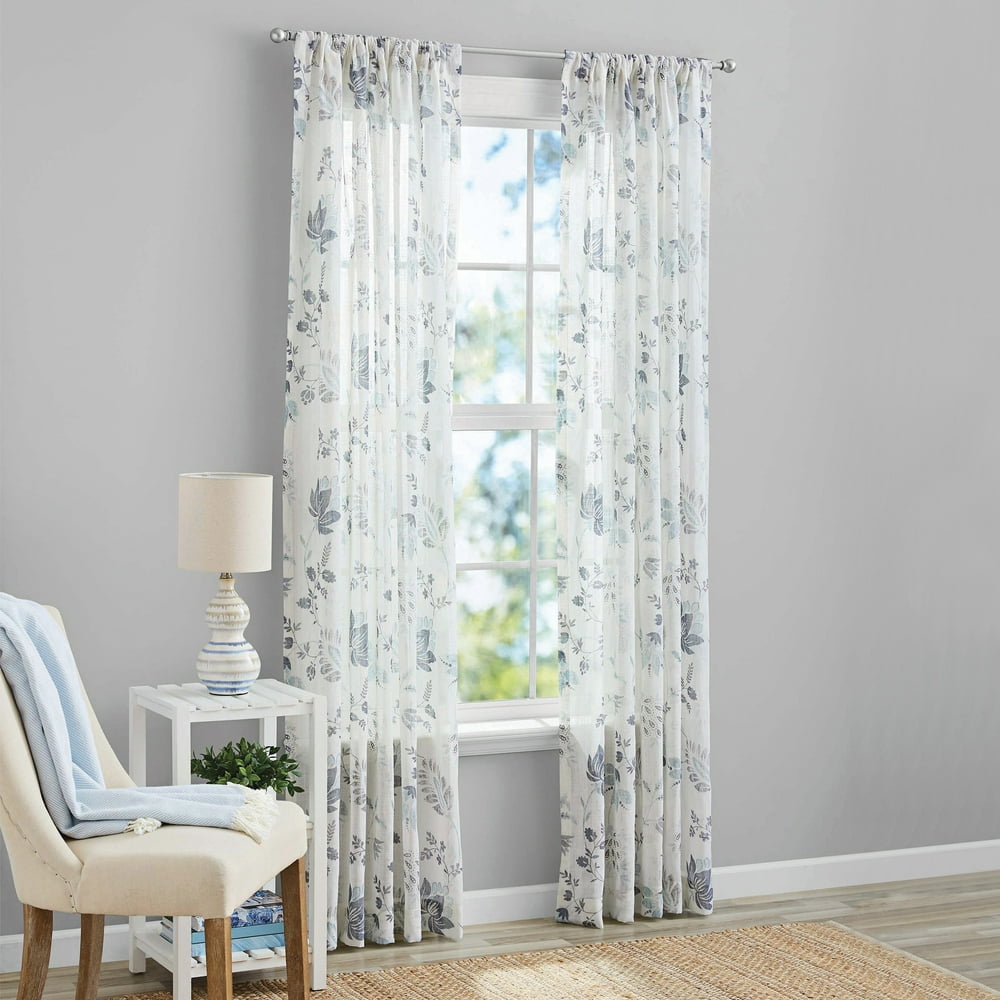 Mainstays Blue Floral 100% Cotton Indoor Sheer Rod Pocket Single