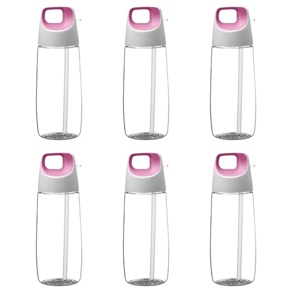 6 Plastic Water Bottles with Straw Set, 27 oz. - Tritan, Accent Cube - Pink