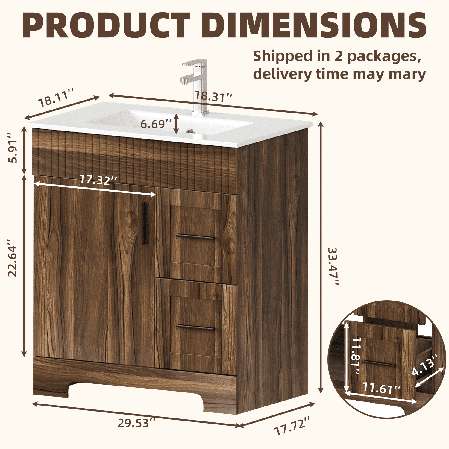 Erinnyees 30" Wooden Freestanding Bathroom Vanity with Ceramic Sink, Walnut Cabinet Featuring a Door & 2 Spacious Drawers