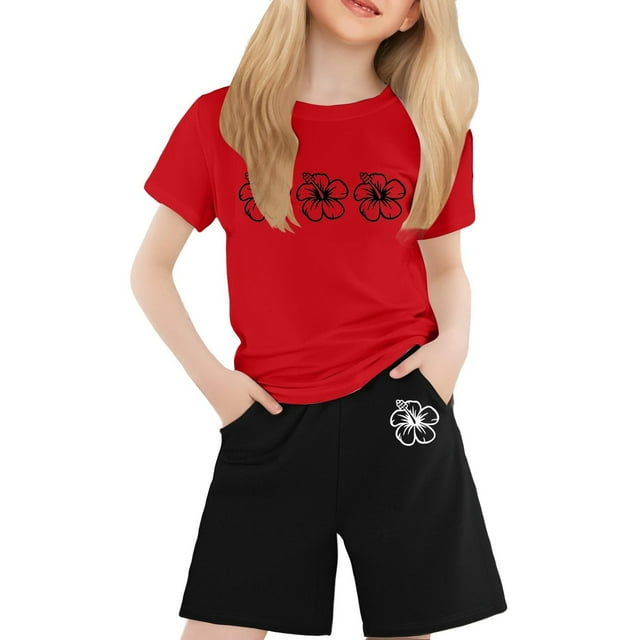 XDZJLR Child Girl Outfits Children's Printed Crewneck Short Sleeved T Shirt Set Red 2-3 Years
