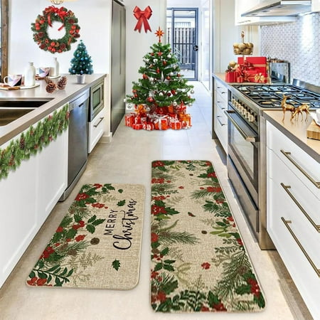 Upgraded 2 Pcs Christmas Kitchen Rugs And Mats For Floor Non Slide Backing Mat Merry Christmas Kitchen Decor Kitchen Rug Sets Xmas Decor 16x24in+16x48in E