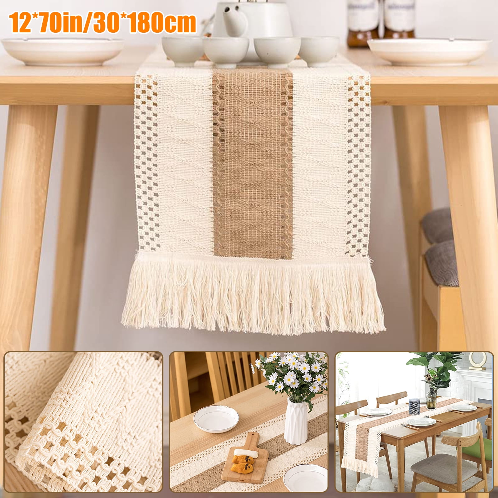 CELECTIGO Boho Table Runner Bohemian Style, 72" Natural Burlap Macrame