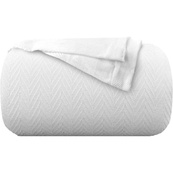 Cotton Throw Blanket King Size Blanket-Soft and Breathable Herringbone Weave Cotton Thermal Bed Blanket 100% Cotton Blanket, Warm Throw Blanket for Bed, Couch, Travel Car & Airplane -90x108 in, White